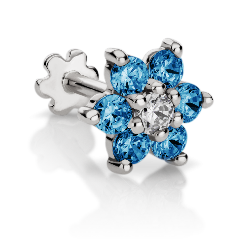 Blue Diamond Flower Threaded Stud Earring With Titanium Backing