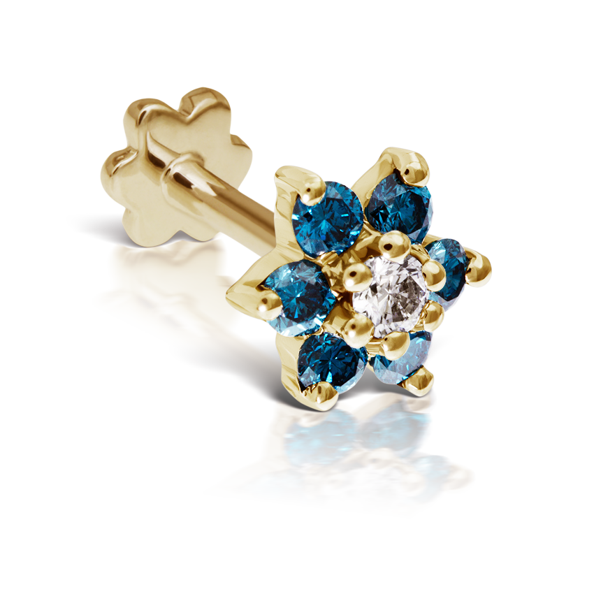 Blue Diamond Flower Threaded Stud Earring With Titanium Backing