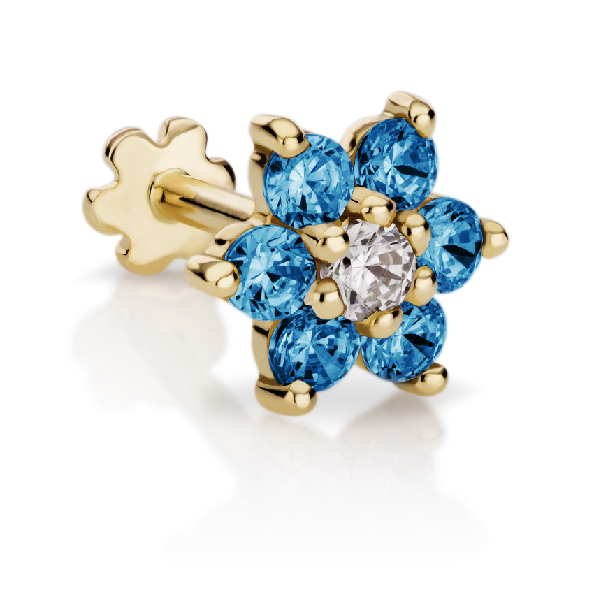 Blue Diamond Flower Threaded Stud Earring With Titanium Backing