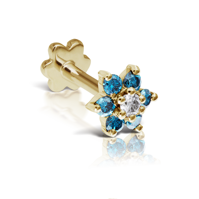 Blue Diamond Flower Threaded Stud Earring With Titanium Backing