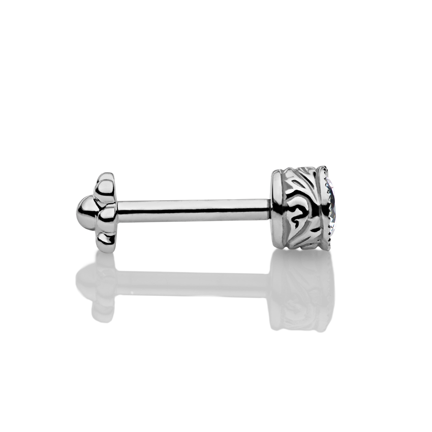 Cubic Zirconia Engraved Cup Threaded Stud Earring With Titanium Backing