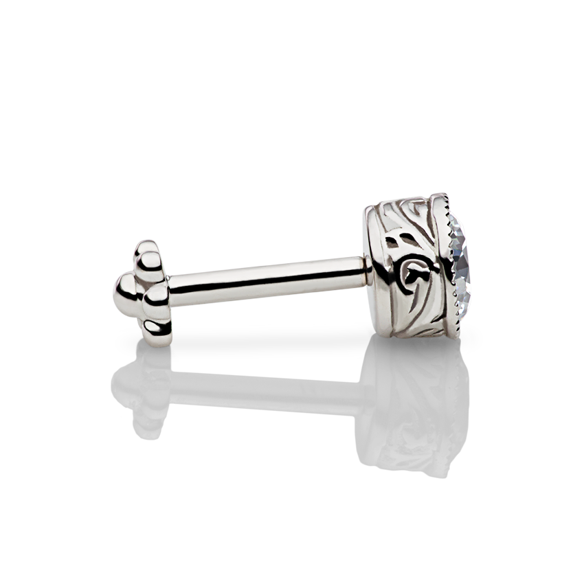 Cubic Zirconia Engraved Cup Threaded Stud Earring With Titanium Backing