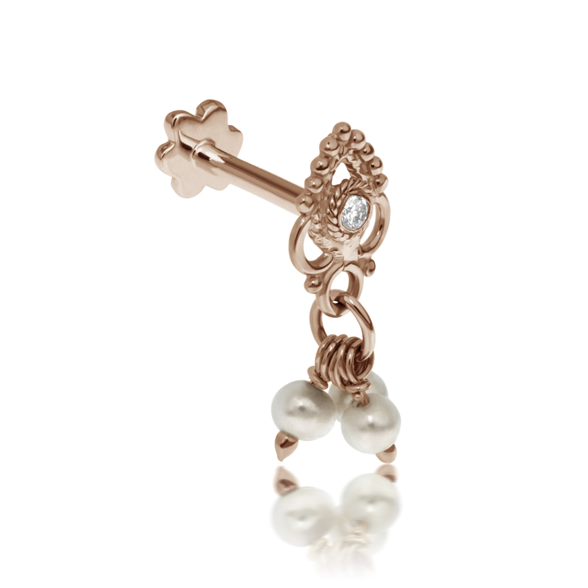 Diamond Ajna with Pearl Dangle Threaded Stud Earring With Titanium Backing