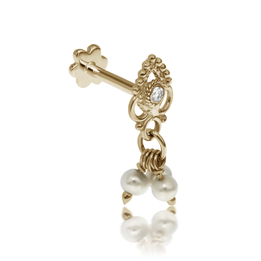 Diamond Ajna with Pearl Dangle Threaded Stud Earring With Titanium Backing