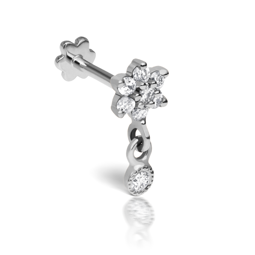 Diamond Flower with Dangle Threaded Stud Earring With Titanium Backing