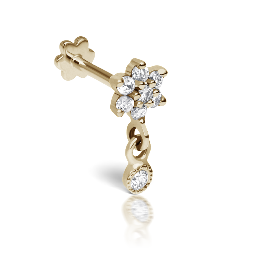 Diamond Flower with Dangle Threaded Stud Earring With Titanium Backing