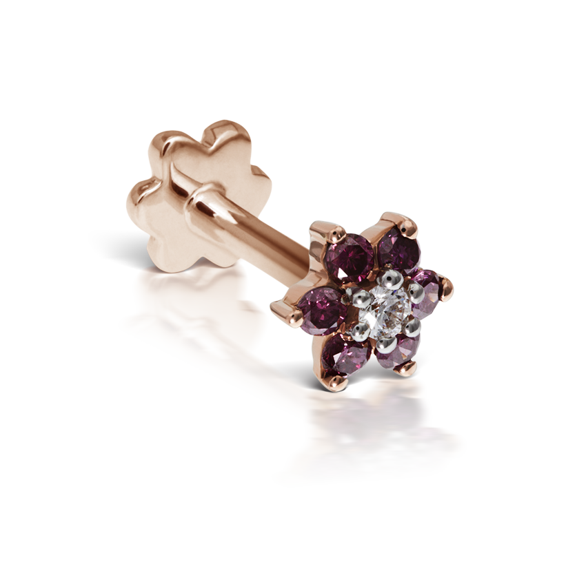 Rose Purple Diamond Flower Threaded Stud Earring With Titanium Backing