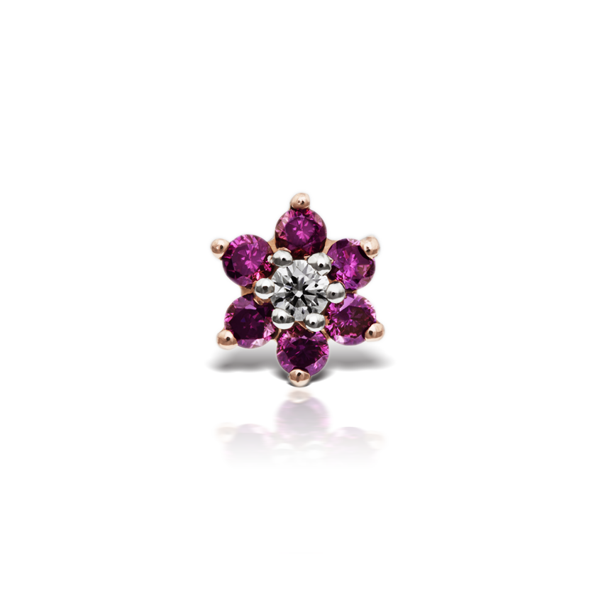 Rose Purple Diamond Flower Threaded Stud Earring With Titanium Backing