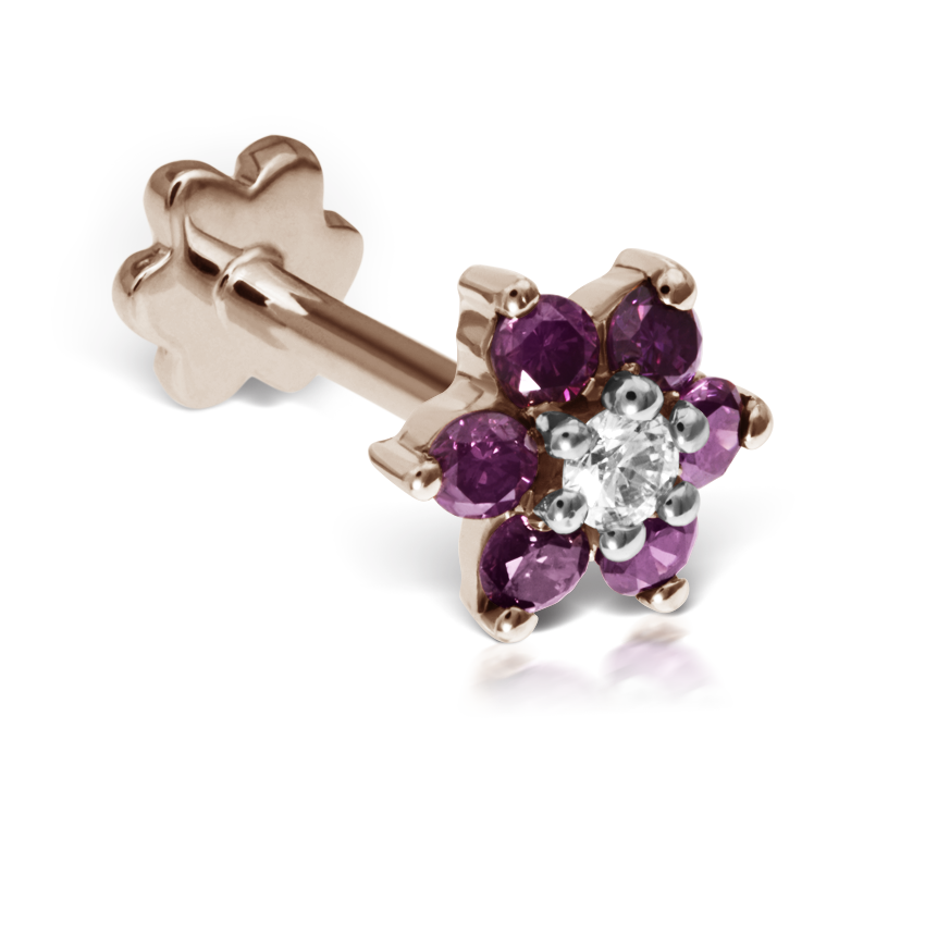 Rose Purple Diamond Flower Threaded Stud Earring With Titanium Backing