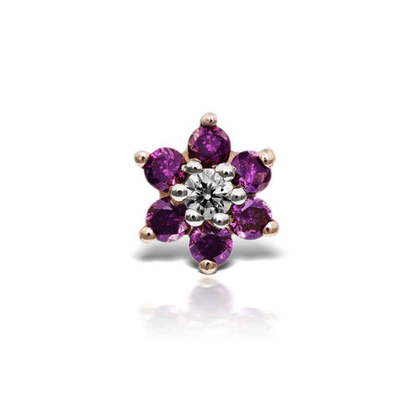 Rose Purple Diamond Flower Threaded Stud Earring With Titanium Backing