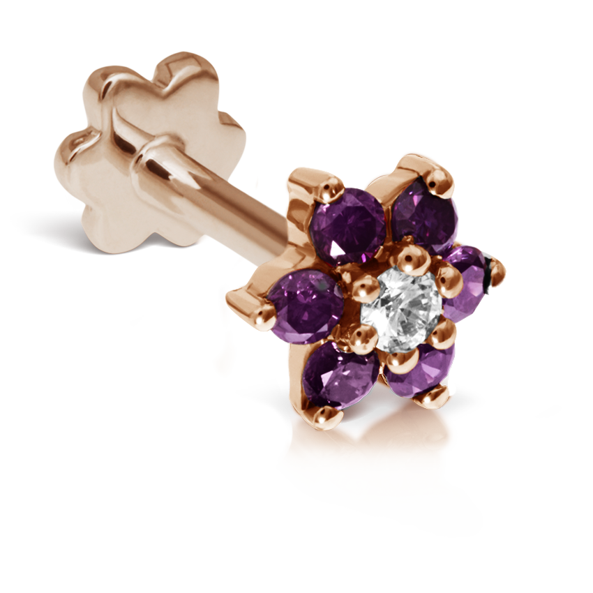 Rose Purple Diamond Flower Threaded Stud Earring With Titanium Backing