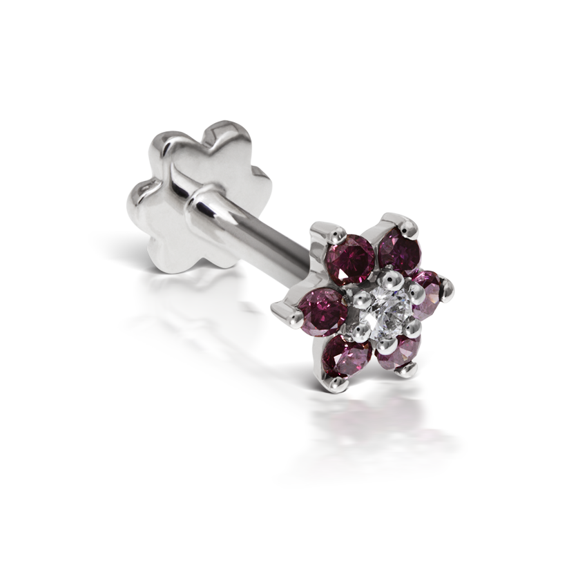 Rose Purple Diamond Flower Threaded Stud Earring With Titanium Backing