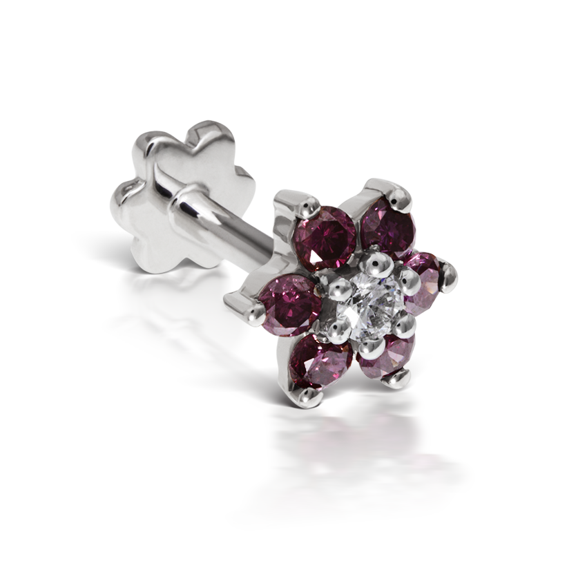 Rose Purple Diamond Flower Threaded Stud Earring With Titanium Backing