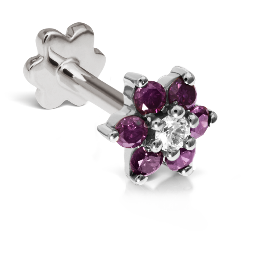 Rose Purple Diamond Flower Threaded Stud Earring With Titanium Backing