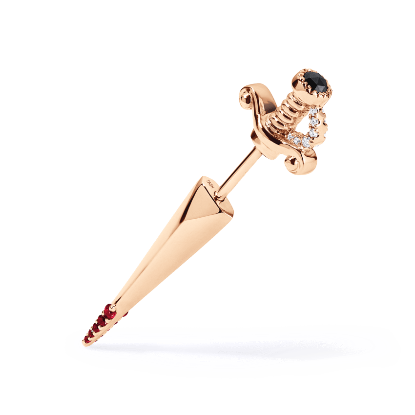 Black and White Diamond Long Sword with Ruby Drops Earstud