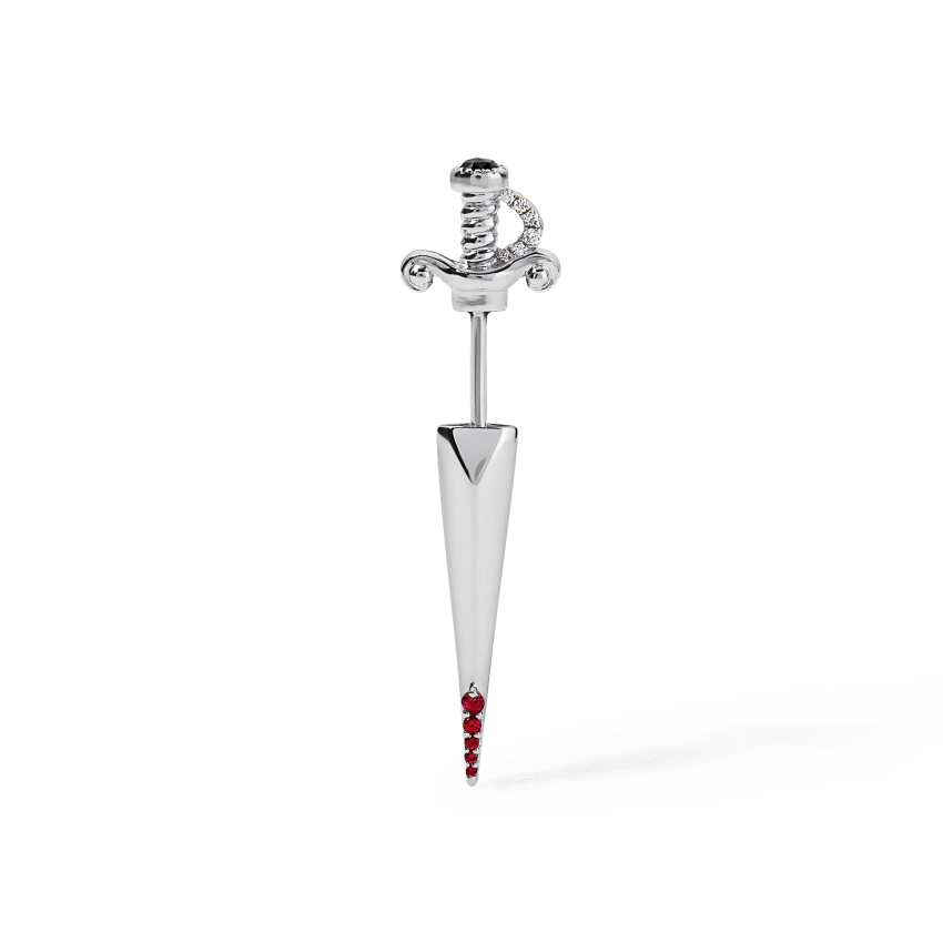 Black and White Diamond Long Sword with Ruby Drops Earstud