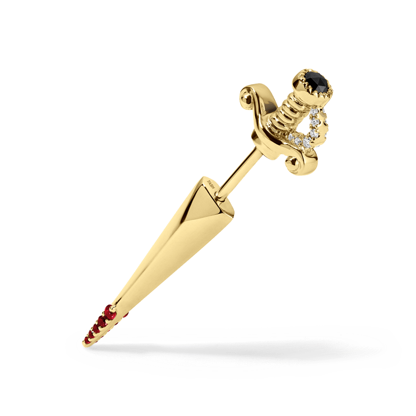 Black and White Diamond Long Sword with Ruby Drops Earstud