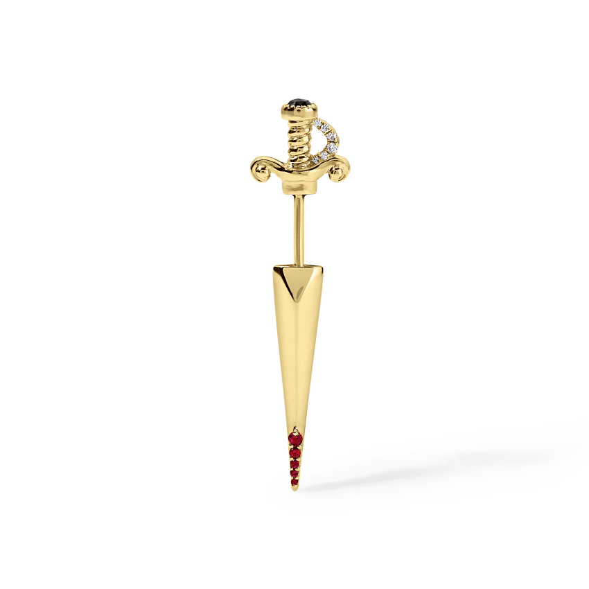 Black and White Diamond Long Sword with Ruby Drops Earstud