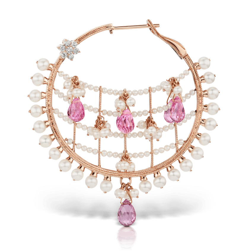 Pearl Coronet Diamond Flower and Pink Briolettes Hoop Earring