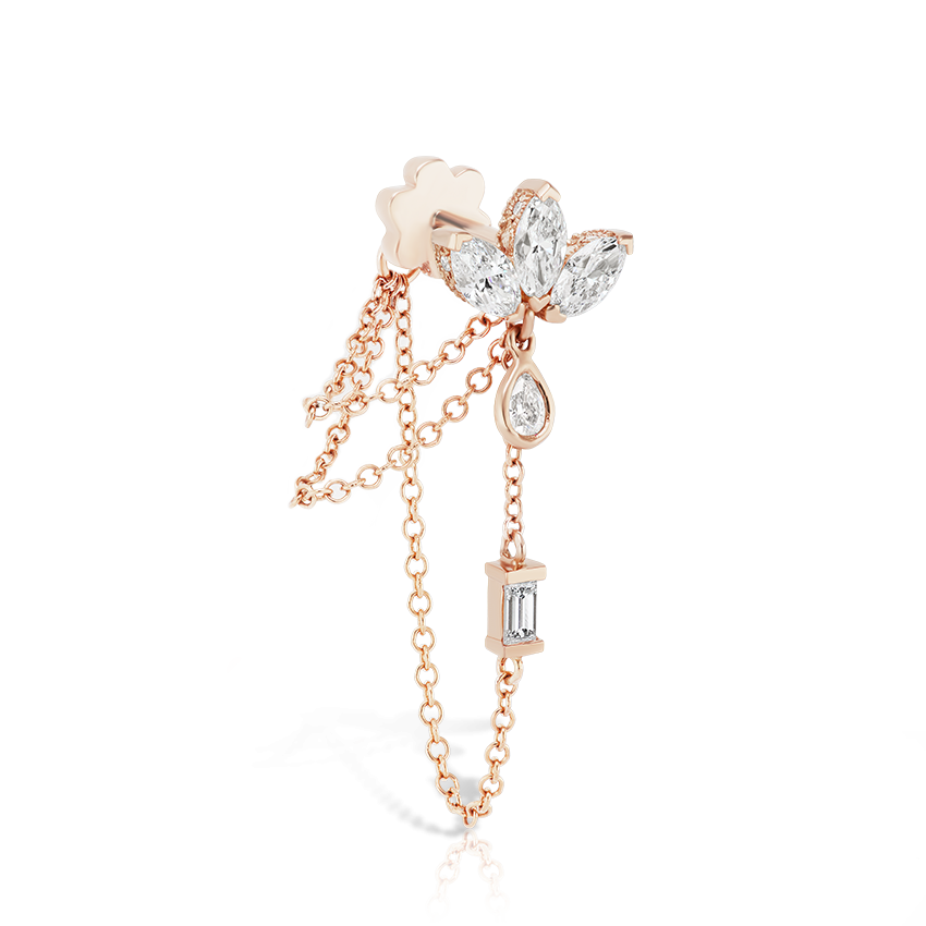 Diamond Lotus Three Chain Wrap Threaded Stud Earring