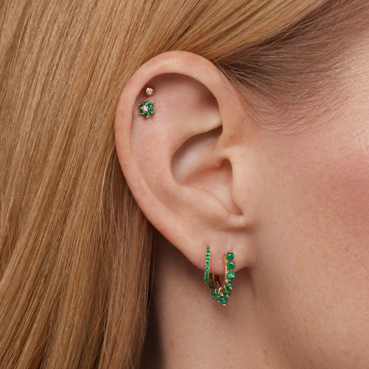 Emerald and Diamond Flower Threaded Stud Earring