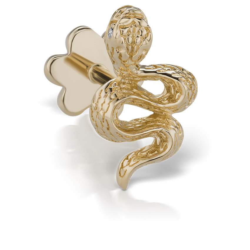 Engraved Snake with Diamond Eyes Threaded Stud Earring