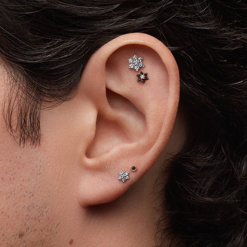 Black Diamond Flower Threaded Stud Earring With Titanium Backing