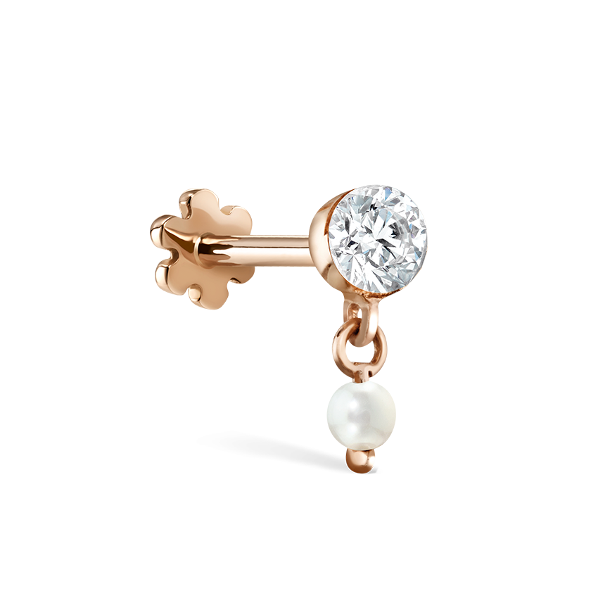 Invisible Set Diamond and Pearl Dangle Threaded Stud Earring