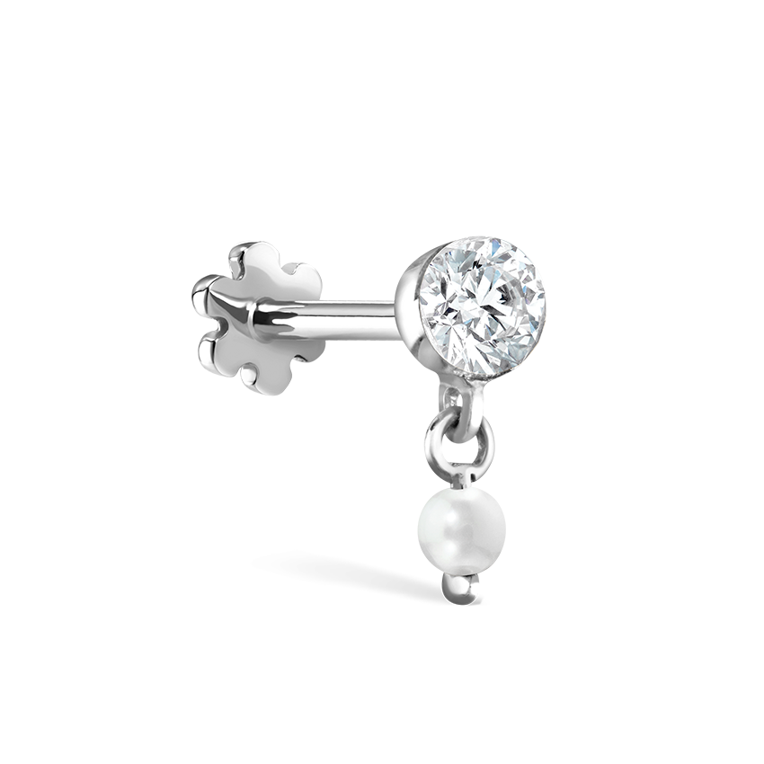 Invisible Set Diamond and Pearl Dangle Threaded Stud Earring With Titanium Backing