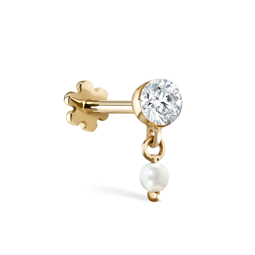 Invisible Set Diamond and Pearl Dangle Threaded Stud Earring