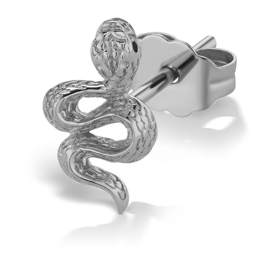 Large Engraved Snake with Black Diamond Eyes Stud Earring