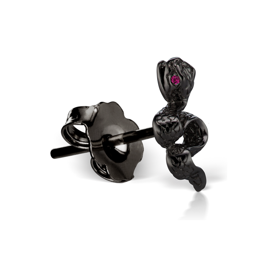 Large Engraved Snake with Ruby Eyes Stud Earring