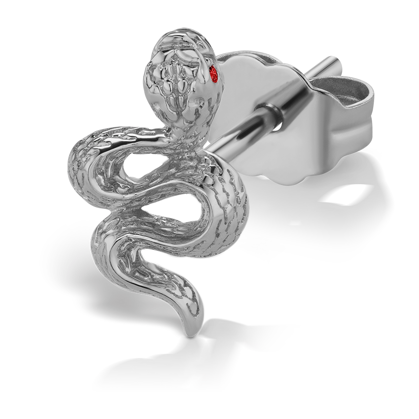 Large Engraved Snake with Ruby Eyes Stud Earring