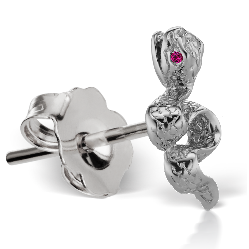 Large Engraved Snake with Ruby Eyes Stud Earring