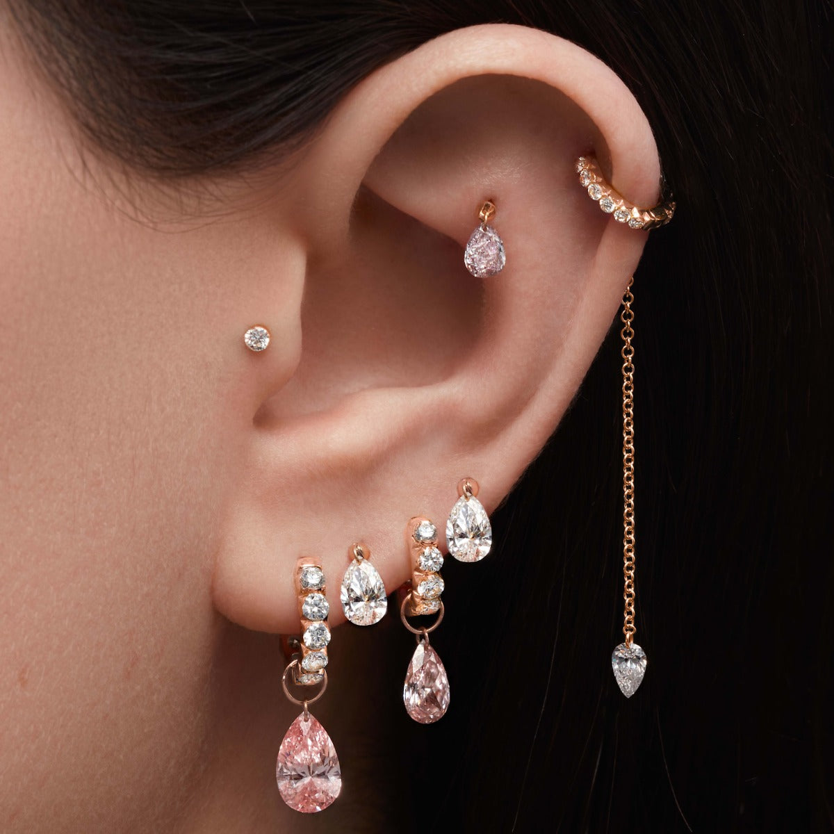 Natural Pink Pear Floating Diamond Threaded Charm Earring With Titanium Backing