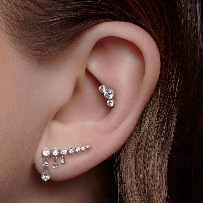 Invisible Set Three Diamond Curve Threaded Stud Earring With Titanium Backing