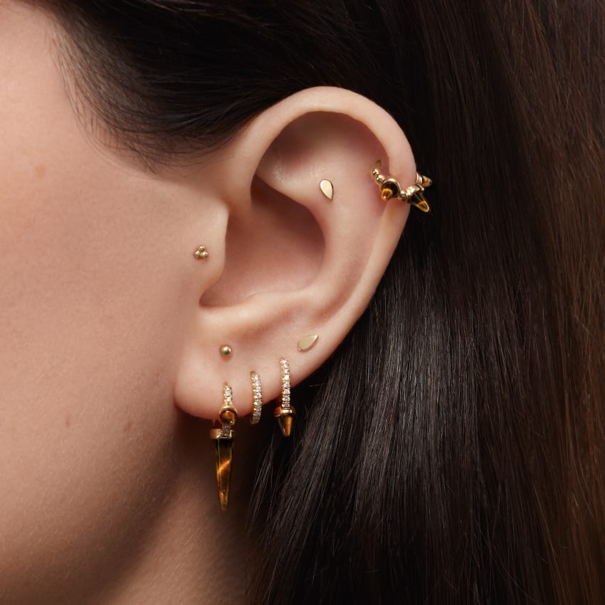 Tiger's Eye Triple Long Spike Diamond Eternity Hoop Earring