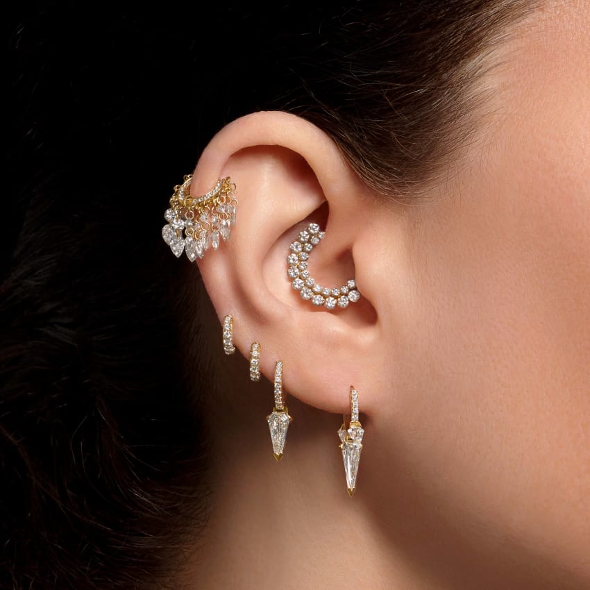 Silhouette Diamond Triple Long Spike Eternity Hoop Earring