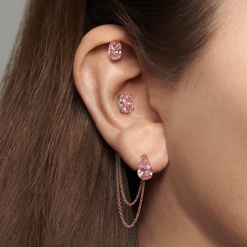 Engraved Pink Oval Diamond Stud Earring