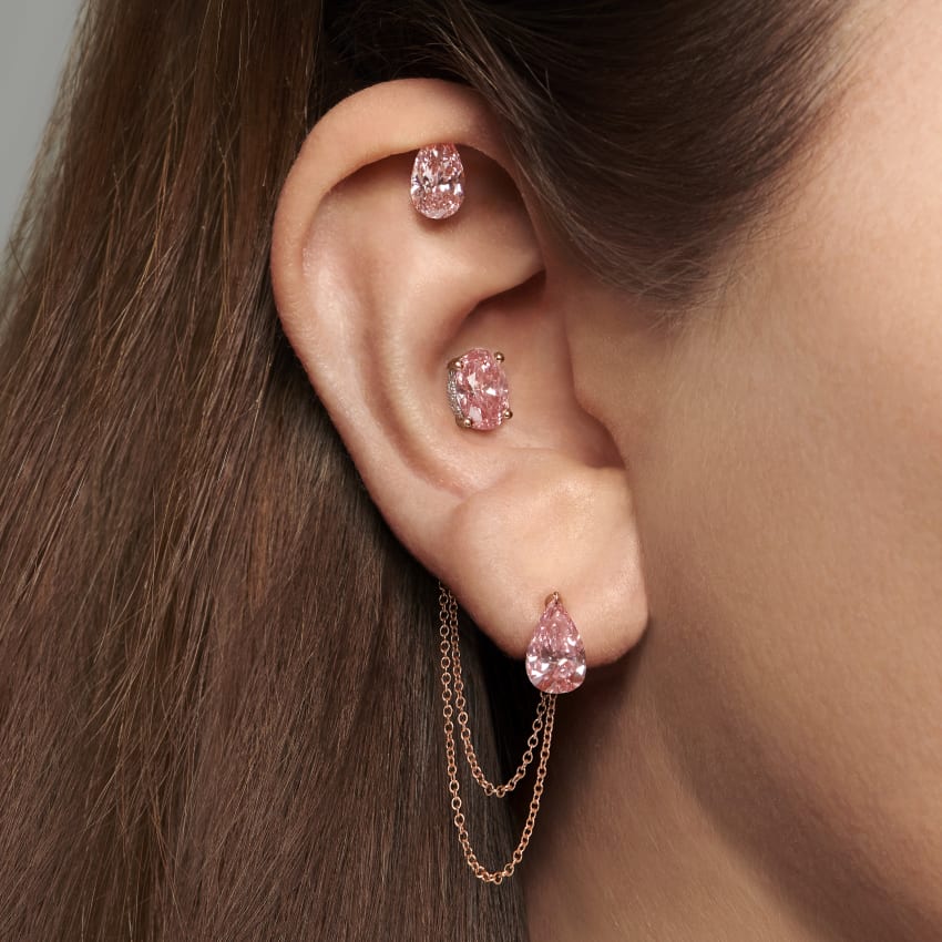 Natural Pink Pear Floating Diamond Threaded Charm Earring With Titanium Backing