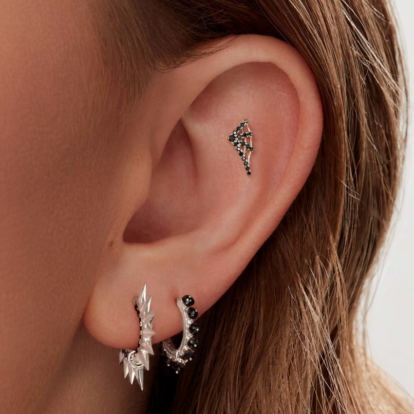 Metal Mohawk with Black and White Diamond Pavé Hoop Earring