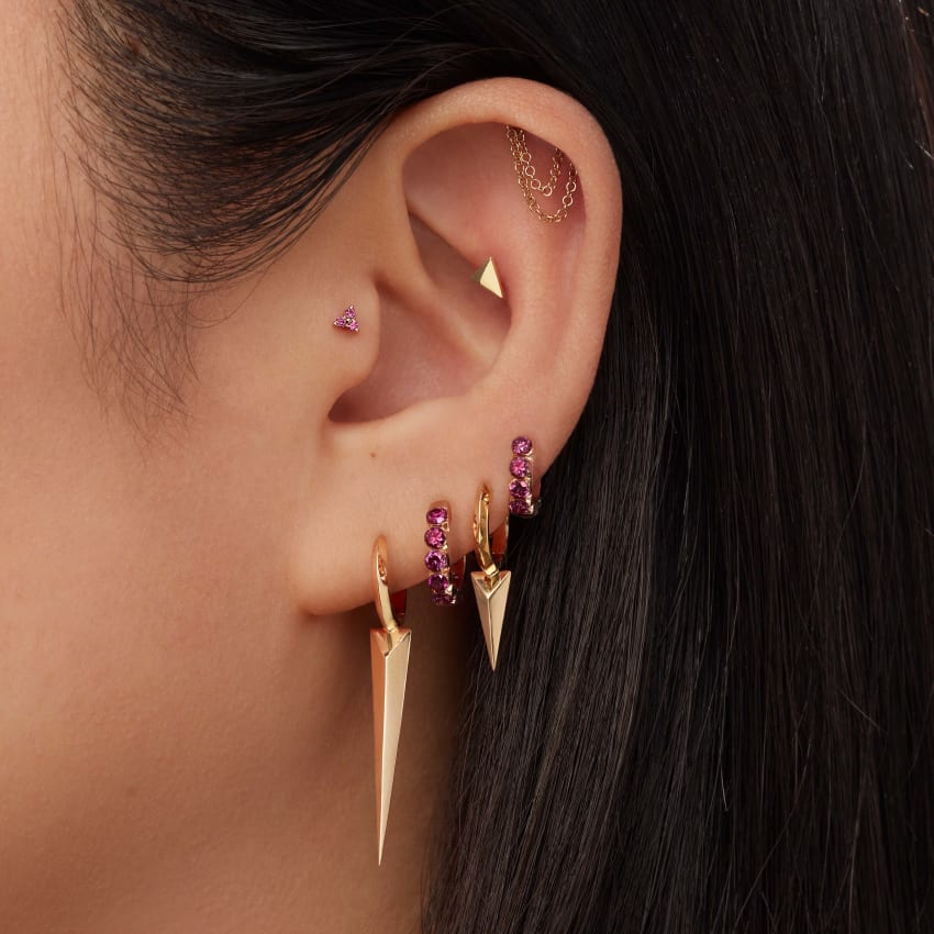 Rose Purple Diamond Trinity Threaded Stud Earring With Titanium Backing