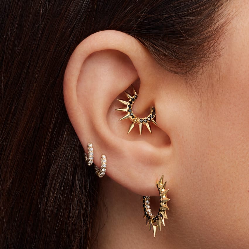 Metal Mohawk with Black and White Diamond Pavé Hoop Earring