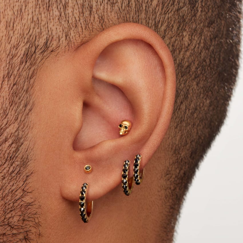 Scalloped Set Black Diamond Threaded Stud Earring