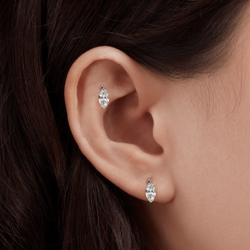 Floating Marquise Diamond Charm Threaded Stud Earring With Titanium Backing