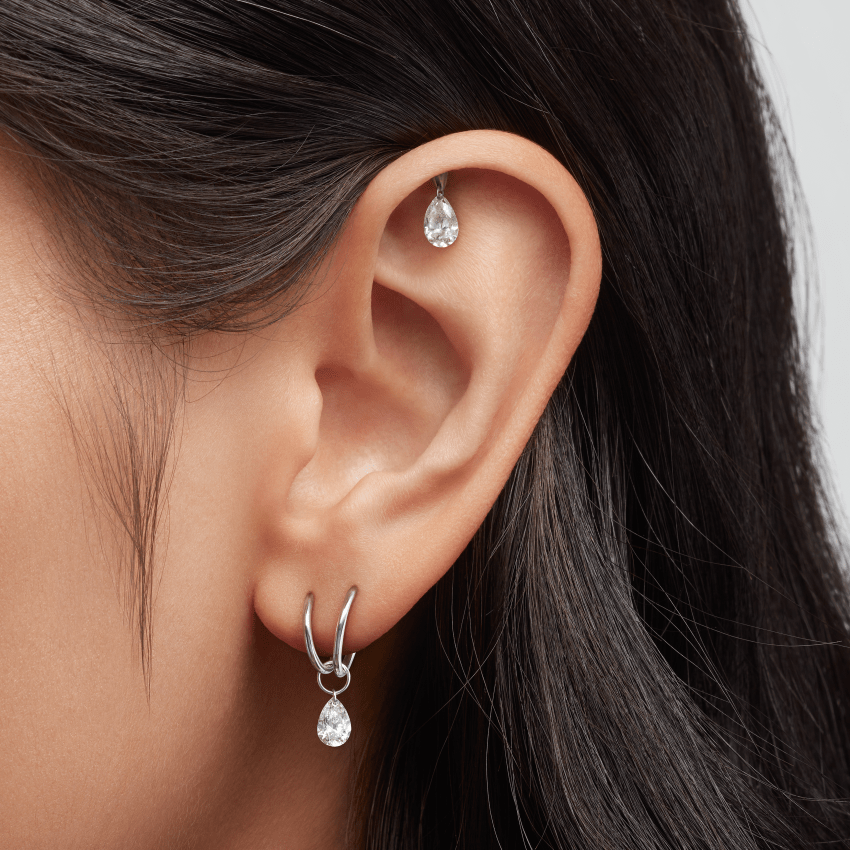 Floating Pear Diamond Charm Threaded Stud Earring With Titanium Backing