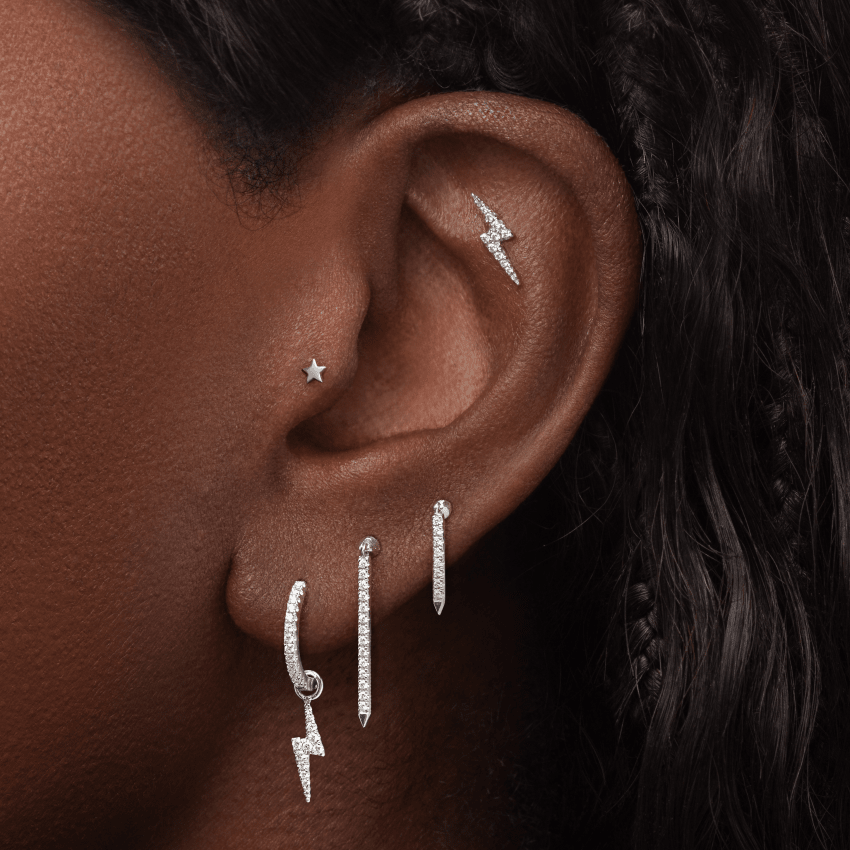 Diamond Lightning Bolt Threaded Stud Earring With Titanium Backing