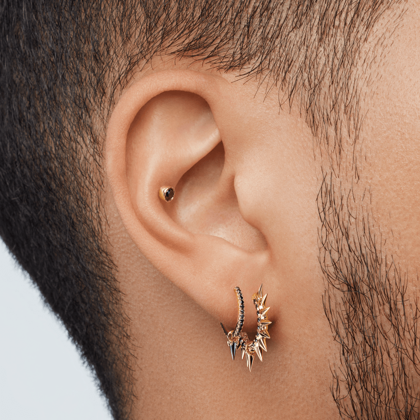 Scalloped Set Black Diamond Threaded Stud Earring
