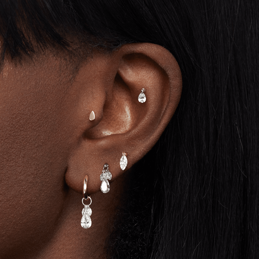 Floating Pear Diamond Plume Threaded Charm Earring With Titanium Backing