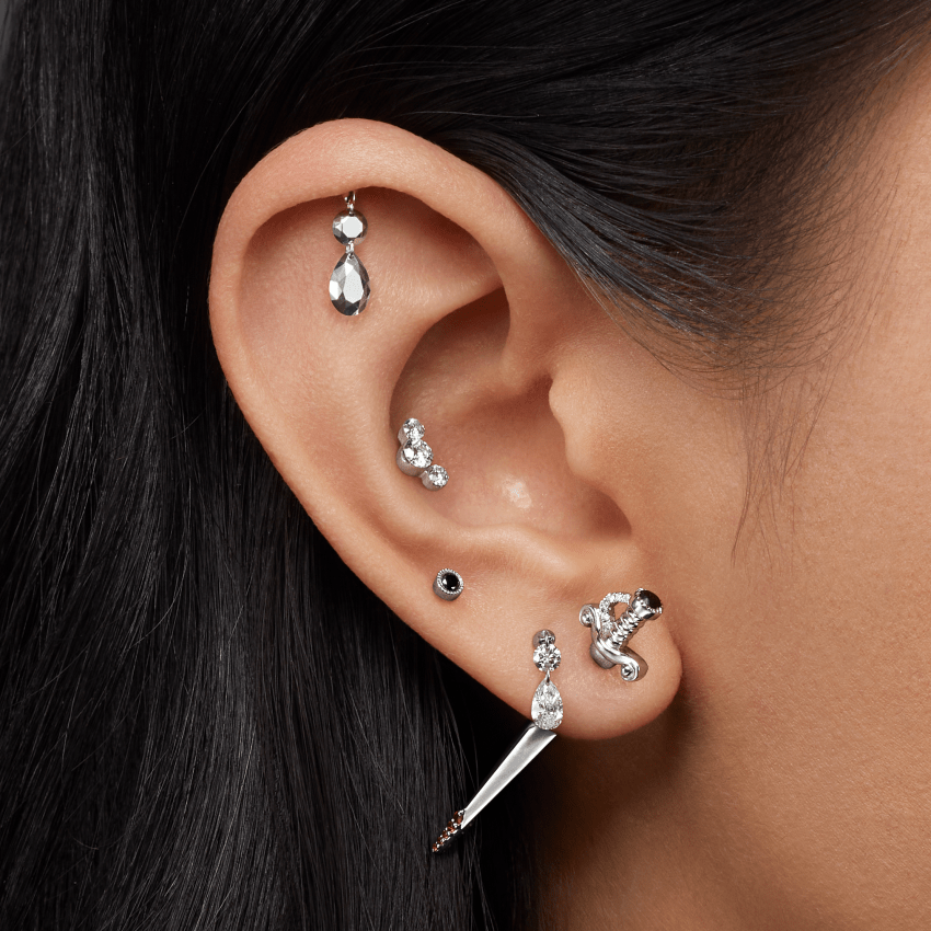 Black and White Diamond Long Sword with Ruby Drops Earstud